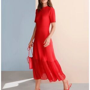 Mock Neck Mixed Media Midi Elegant Midi Dress